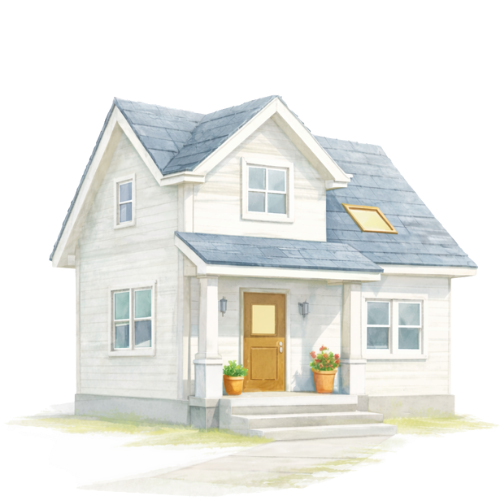 木製ドアと窓のある白い二階建て住宅の水彩イラスト